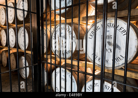 Single-Malt Whisky Ledaig Reifung in Eichenfässern in Zolllager Tobermory Distillery, Isle of Mull, Highlands von Schottland Stockfoto