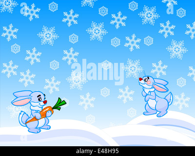 Lustiger Winter Cartoon Illustration mit zwei blaue Kaninchen. Ein Kaninchen hält in die Pfoten orange Karotte. Verschneiten Hintergrund Stockfoto