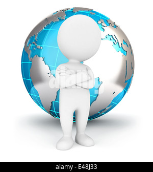 3D weiße Menschen stehen vor der Erde, isoliert, weißer Hintergrund, 3D-Bild Stockfoto