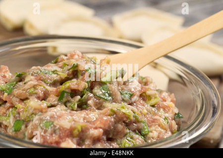 hausgemachte traditionelle chinesische Knödel Zutaten in Glasschale mit fertig verpackte Knödel im Hintergrund Stockfoto