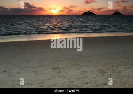 Sunrise entlang der schönen Lanikai weißen Sandstrand auf der Insel von Oahu, Hawaii Stockfoto