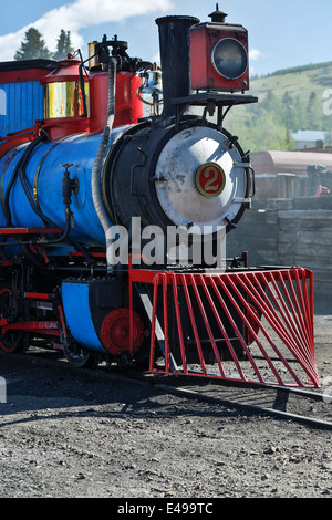 Dem Zug Motor Nr. 2, Cripple Creek und Victor Schmalspureisenbahn, Bull Hill Station, Cripple Creek, Colorado USA Stockfoto