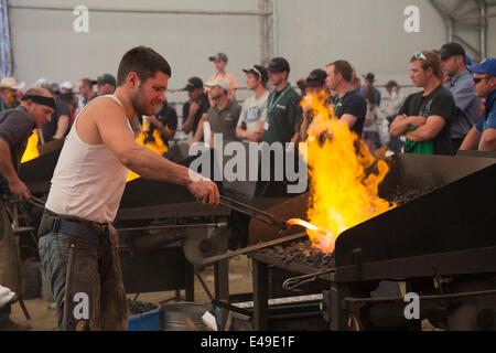 Calgary, Alberta, Kanada. Juli 2014. Farrier schmiedet Hufeisen, als er am Sonntag, den 6. Juli 2014 in der Endrunde des Wettbewerbs der Schmiede der Weltmeisterschaften in Calgary Stampede antritt. In dieser langjährigen Tradition an der Stampede kämpfen die besten fünf Farrierer um den Weltmeistertitel. Calgary, Alberta, Kanada. Credit: Rosanne Tackaberry/Alamy Live News Stockfoto