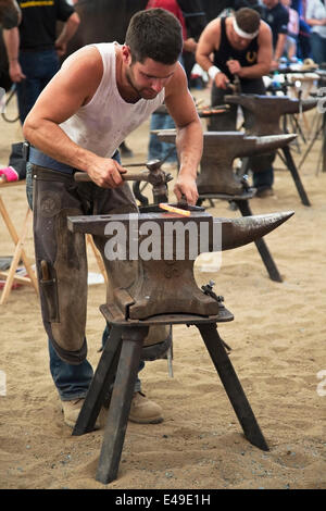 Calgary, Alberta, Kanada. Juli 2014. Der aufreißende Pferdeschuh mit Rundungshammer ist am Sonntag, den 6. Juli 2014 in der Endrunde des Wettbewerbs der Blacksmiths der Weltmeisterschaften in der Calgary Stampede im Wettbewerb. In dieser langjährigen Tradition an der Stampede kämpfen die besten fünf Farrierer um den Weltmeistertitel. Calgary, Alberta, Kanada. Credit: Rosanne Tackaberry/Alamy Live News Stockfoto