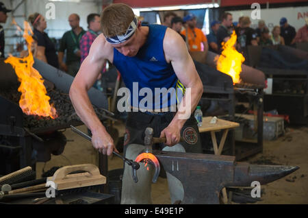 Calgary, Alberta, Kanada. Juli 2014. Farrier, die heißen Pferdeschuh mit Feuerzangen halten und ihn mit Rundhammer Formen, tritt in der Endrunde des Wettbewerbs der Schmiede der Weltmeisterschaften am Sonntag, den 6. Juli 2014 in der Calgary Stampede an. In dieser langjährigen Tradition an der Stampede kämpfen die besten fünf Farrierer um den Weltmeistertitel. Calgary, Alberta, Kanada. Credit: Rosanne Tackaberry/Alamy Live News Stockfoto