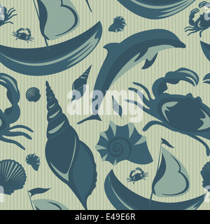 Meeresblau Musterdesign mit Muscheln, Delfine und ein Schiff. Gerasterte Kopie Stockfoto