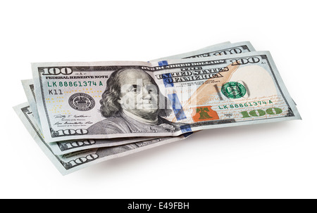 Hundert-Dollar-Banknoten isoliert auf weißem Hintergrund. Clipping-Pfad Stockfoto