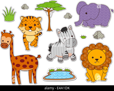 Illustration der Aufkleber mit verschiedenen Safaritiere druckbereit Stockfoto