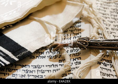 Thora Blättern, Yad, Tora-Zeiger und Tallit, jüdischen Gebetsschal, Paris, Frankreich, Europa Stockfoto