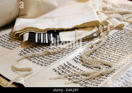 Tora-Rolle, Tallit, jüdischen Gebetsschal und Tziitzit, verknotete rituelle Fransen, Paris, Frankreich, Europa Stockfoto