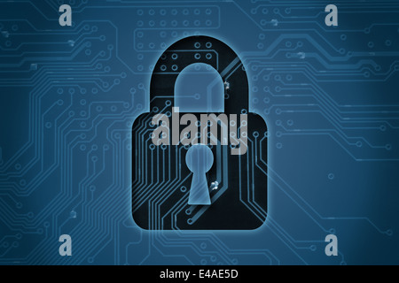 Geschlossenes Vorhängeschloss auf Schaltung Hintergrund, Sicherheitskonzept Stockfoto