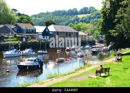 Boote vertäut im Fluss Dart Nebenfluss, Totnes, South Schinken District, Devon, England, Vereinigtes Königreich Stockfoto
