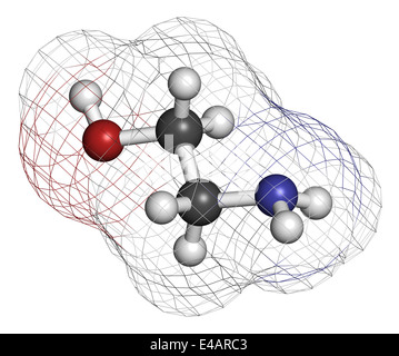 Ethanolamin (2-Aminoethanol)-Molekül. Atome werden als Kugeln mit konventionellen Farbkodierung dargestellt. Stockfoto