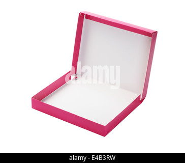 Offen rosa Pappschachtel auf weißem Hintergrund Stockfoto