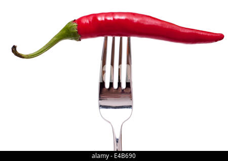 Weiß isoliert Paprika auf einer Gabel Stockfoto