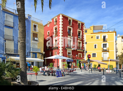 Restaurants am Meer, Costa Blanca, Provinz Alicante, Villajoyosa (La Vila Joiosa), Königreich Spanien Stockfoto