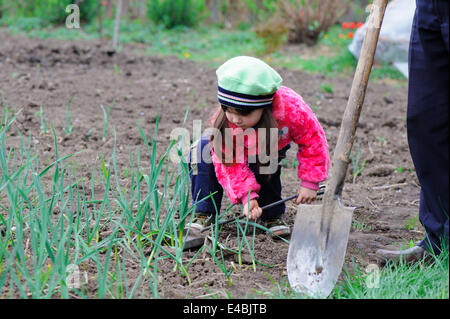 Das kleine Mädchen arbeitet im Garten Stockfoto