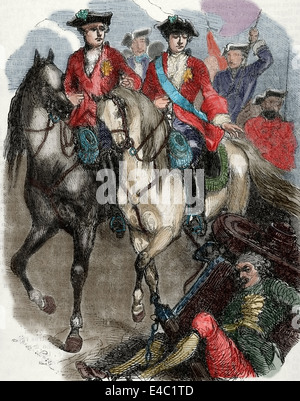 Louis XV. von Frankreich (1710-1774) und den Dauphin in der Schlacht von Fontenoy. Im österreichischen Erbfolgekrieg, 1745. Gravur. Gefärbt. Stockfoto