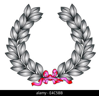 Ein silberner Kranz mit Schleife in rot und Pink feiert einen 1. Preis Ereignis wie ein Geburtstag oder Win isoliert auf weißem Hintergrund Stockfoto