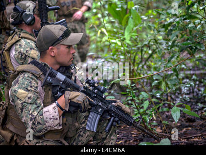 US Navy Coastal Riverine Geschwader zwei Sonderbetrieb Kraft Kommandos führen einsetzen und Extraktion-Training mit dem Belize Defense Force Boot Spezialeinheit 3. Juli 2014 in Punta Gorda, Belize. Stockfoto