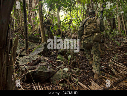 US Navy Coastal Riverine Geschwader zwei Sonderbetrieb Kraft Kommandos Weg durch dichten Dschungel während einsetzen und Extraktion-Training mit dem Belize Defense Force Boot Spezialeinheit 3. Juli 2014 in Punta Gorda, Belize. Stockfoto