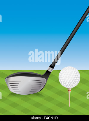 Eine Abbildung eines Golf Club Fahrer und zugesicherten Golfball auf das Tee-Box. Stockfoto