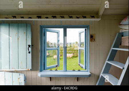 Blau gerahmte Fenster in eine hölzerne Hirten-Hütte mit passenden blauen Stalltür Stockfoto