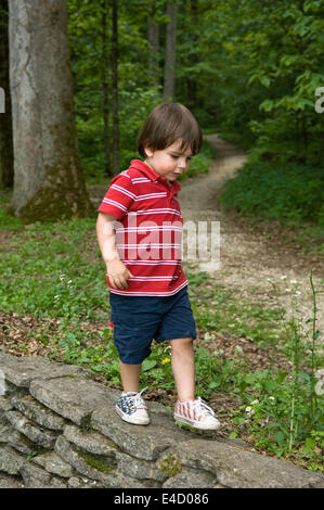 Drei Jahre alten Jungen zu Fuß auf der Steinmauer im Frühjahr Mill State Park in Indiana Stockfoto