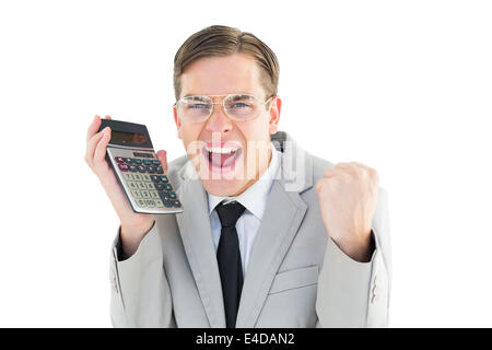 Geeky lächelnd Geschäftsmann Betrieb Taschenrechner Stockfoto
