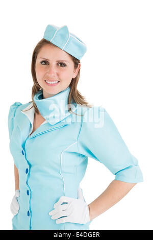 Porträt einer schönen Stewardess in blauer Uniform gekleidet Stockfoto