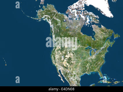 Vereinigten Staaten und Kanada, Echtfarben-Satellitenbild mit Rand Stockfoto