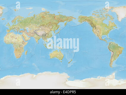 Weltkarte zentriert am Pazifischen Ozean mit Ländergrenzen Stockfoto
