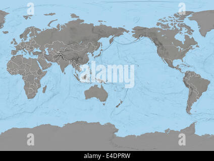 Weltkarte zentriert am Pazifischen Ozean mit Ländergrenzen Stockfoto