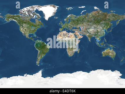 Welt In geographische Projektion, Echtfarben-Satellitenbild. Echtfarben wolkenlosen Satellitenbild der Erde, dargestellt in Stockfoto