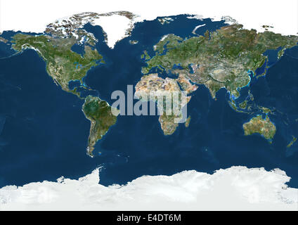 Welt mit arktischen Packeis In geographische Projektion, Echtfarben-Satellitenbild. Echtfarben wolkenlosen Satellitenbild der w Stockfoto