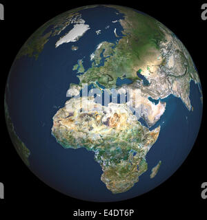 Globe Europe, die wahre Farbe Satellitenbild. Echtfarben-Satellitenbild der Erde, zeigt Europa im Zentrum. Das Bild Stockfoto