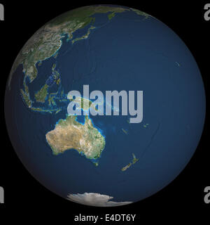 Kugel-Oceania, die wahre Farbe Satellitenbild. Erde. Echtfarben-Satellitenbild der Erde, in dessen Mittelpunkt der Region Ozeaniens. N Stockfoto