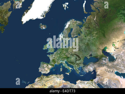 In Kontinentaleuropa, Echtfarben-Satellitenbild. Europa. Echtfarben-Satellitenbild Europa in den Mittelpunkt. Norden konvergiert in Richtung Stockfoto