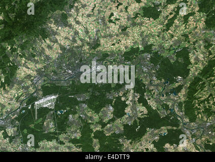 Frankfurt, Deutschland, Echtfarben-Satellitenbild. Frankfurt, Deutschland. Echtfarben-Satellitenbild von der Stadt Frankfurt, genommen Stockfoto