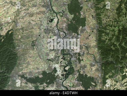 Mannheim, Deutschland, Echtfarben-Satellitenbild. Mannheim, Deutschland. Echtfarben-Satellitenbild der Stadt Mannheim, aufgenommen am Stockfoto