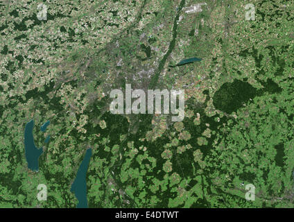 München, Echtfarben-Satellitenbild. München, Bayern, Deutschland. Echtfarben-Satellitenbild der Stadt München, in Buenos Aires Stockfoto