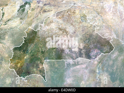 Burkina Faso, Afrika, Echtfarben-Satellitenbild mit Rand und Maske. Satellitenansicht von Burkina Faso (mit Rand und Maske). T Stockfoto