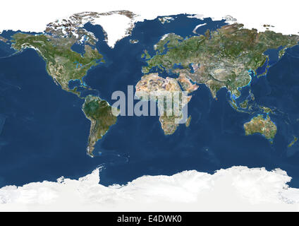Ganze Erde, Echtfarben-Satellitenbild. Echtfarben-Satellitenbild der ganzen Erde. Dieses Bild in Miller Projektion war co Stockfoto