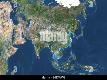 Asien mit großen Flüssen, Echtfarben-Satellitenbild. Echtfarben-Satellitenbild von Asien mit großen Flüssen. Dieses Bild in Lamber Stockfoto