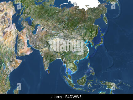 Asien mit Landesgrenzen, wahre Farbe Satellitenbild. Echtfarben-Satellitenbild von Asien mit Ländergrenzen. Dieses Bild in Stockfoto