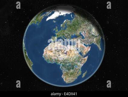 Welt, Europa und Afrika, Echtfarben-Satellitenbild im Mittelpunkt. Echtfarben-Satellitenbild der Erde in den Mittelpunkt Europas und Stockfoto