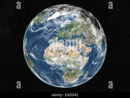Welt, Europa und Afrika, Echtfarben-Satellitenbild im Mittelpunkt. Echtfarben-Satellitenbild der Erde in den Mittelpunkt Europas und Stockfoto