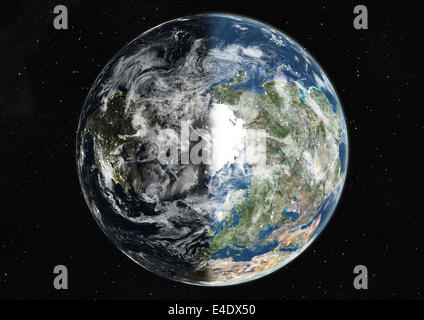 Globus den Nordpol, Echtfarben-Satellitenbild im Mittelpunkt. Echtfarben-Satellitenbild der Erde am Nordpol zentriert Stockfoto