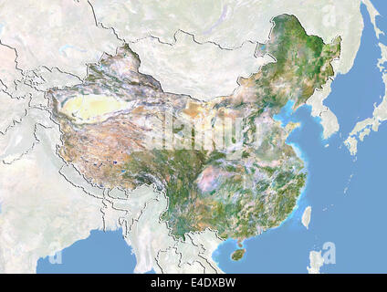 China, Satellitenbild mit Relief-Effekt, mit Rand und Maske Stockfoto