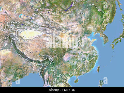 China, Satellitenbild mit Relief-Effekt, mit Rand Stockfoto